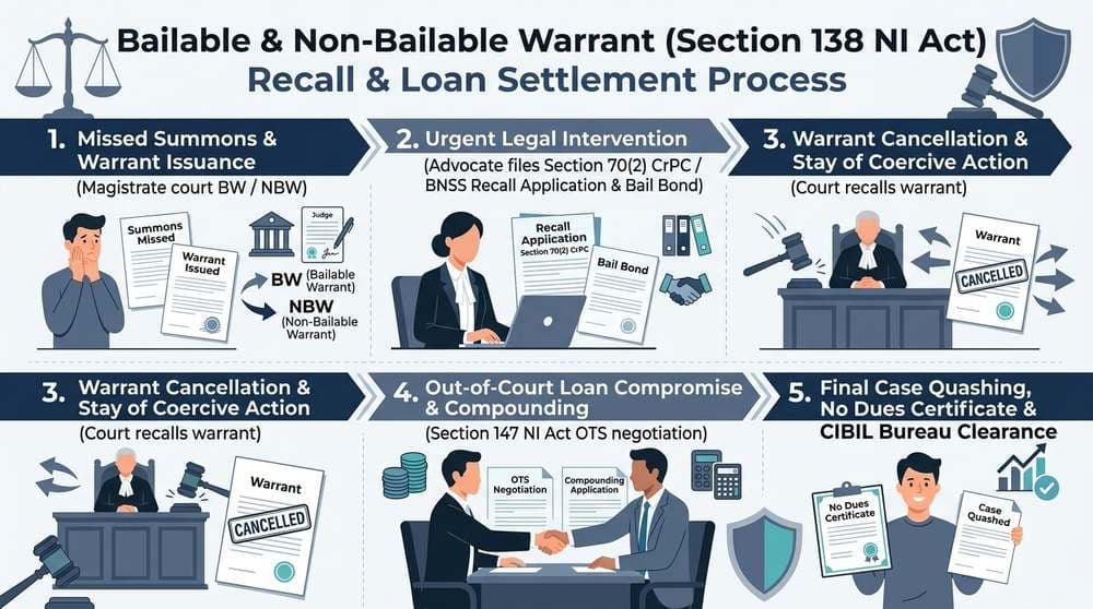 Bailable & Non-Bailable Warrant Cheque Bounce Recall and Loan Settlement Flowchart