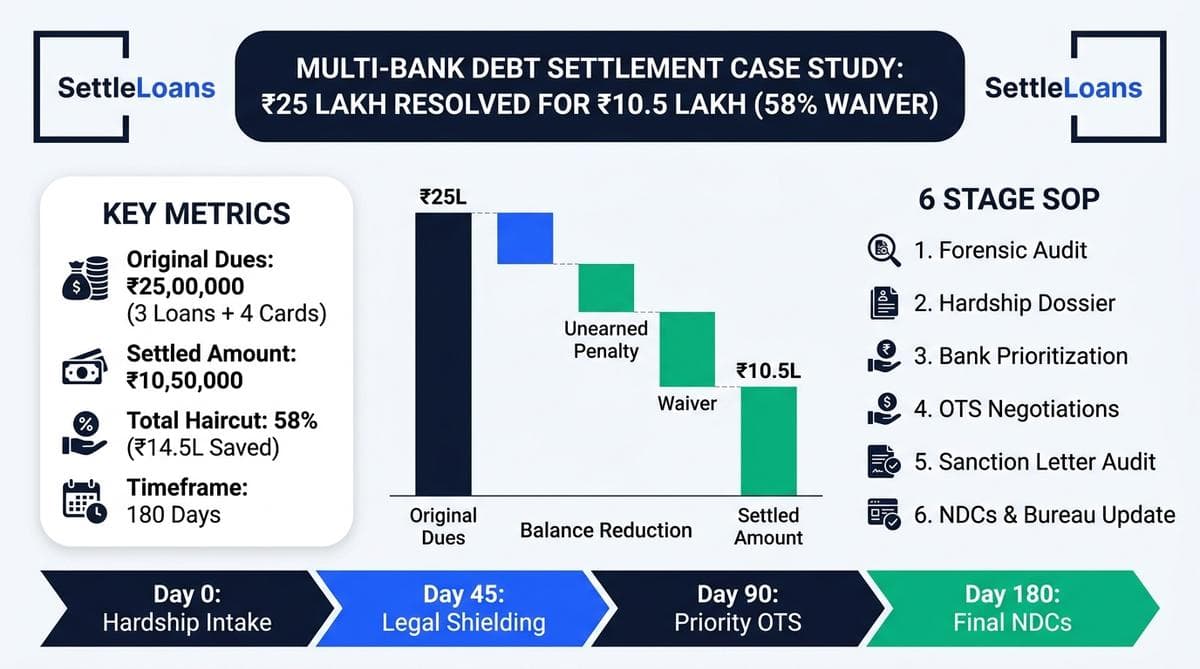 Multi-Bank Debt Settlement Case Study: ₹25 Lakh Settled for ₹10.5 Lakh Infographic