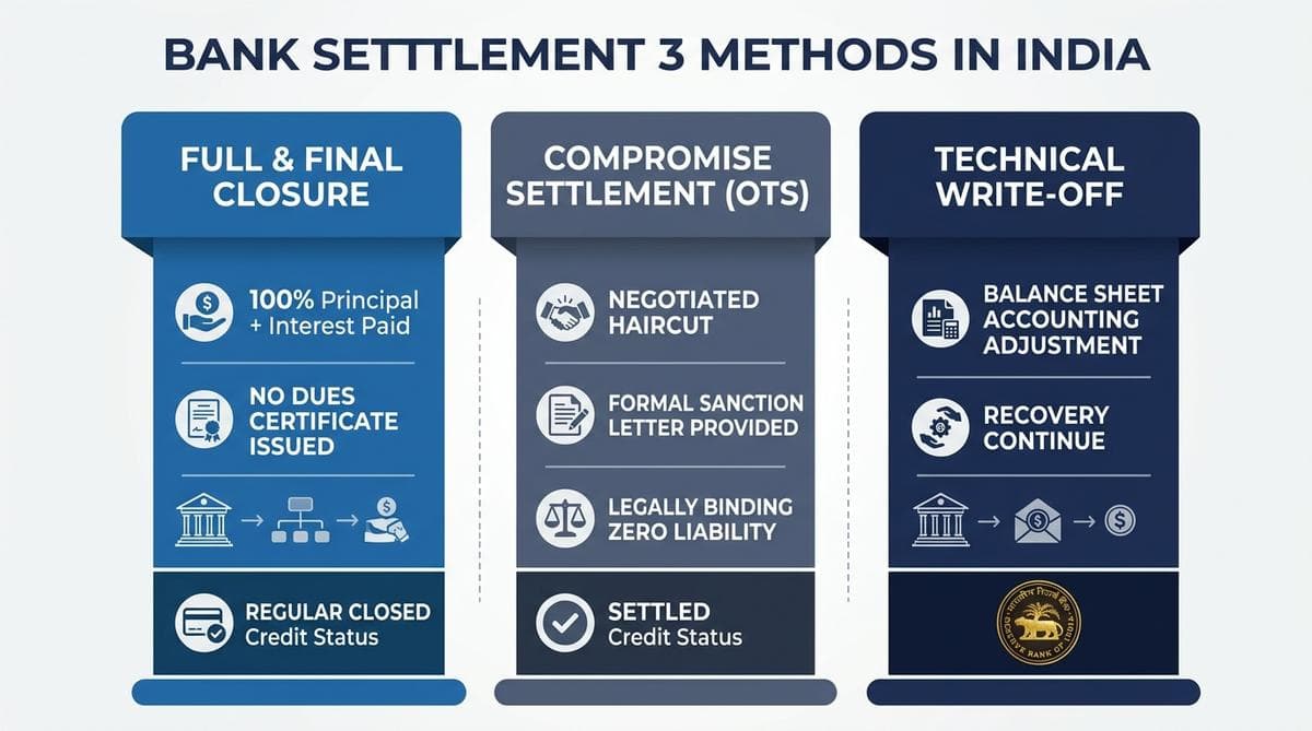 Full and Final Settlement vs Compromise Settlement vs Technical Write-Off Infographic