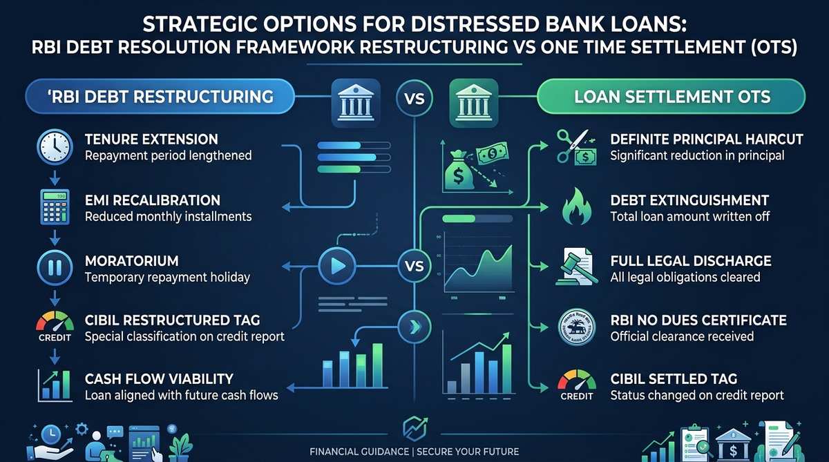 RBI Debt Resolution Framework Restructuring vs One Time Settlement OTS Infographic Banner