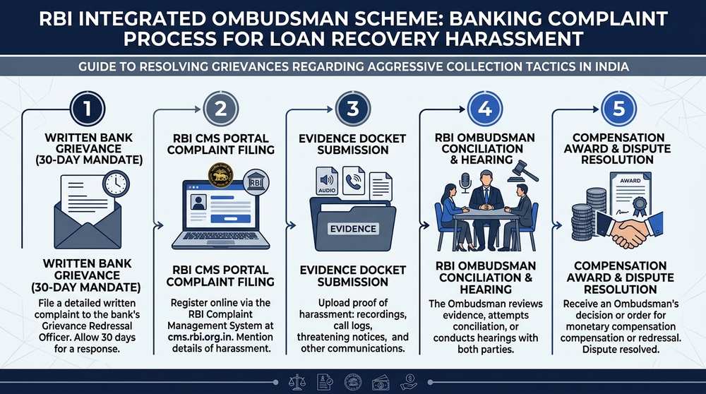 RBI Integrated Ombudsman Scheme Banking Complaint Process for Loan Recovery Harassment Infographic