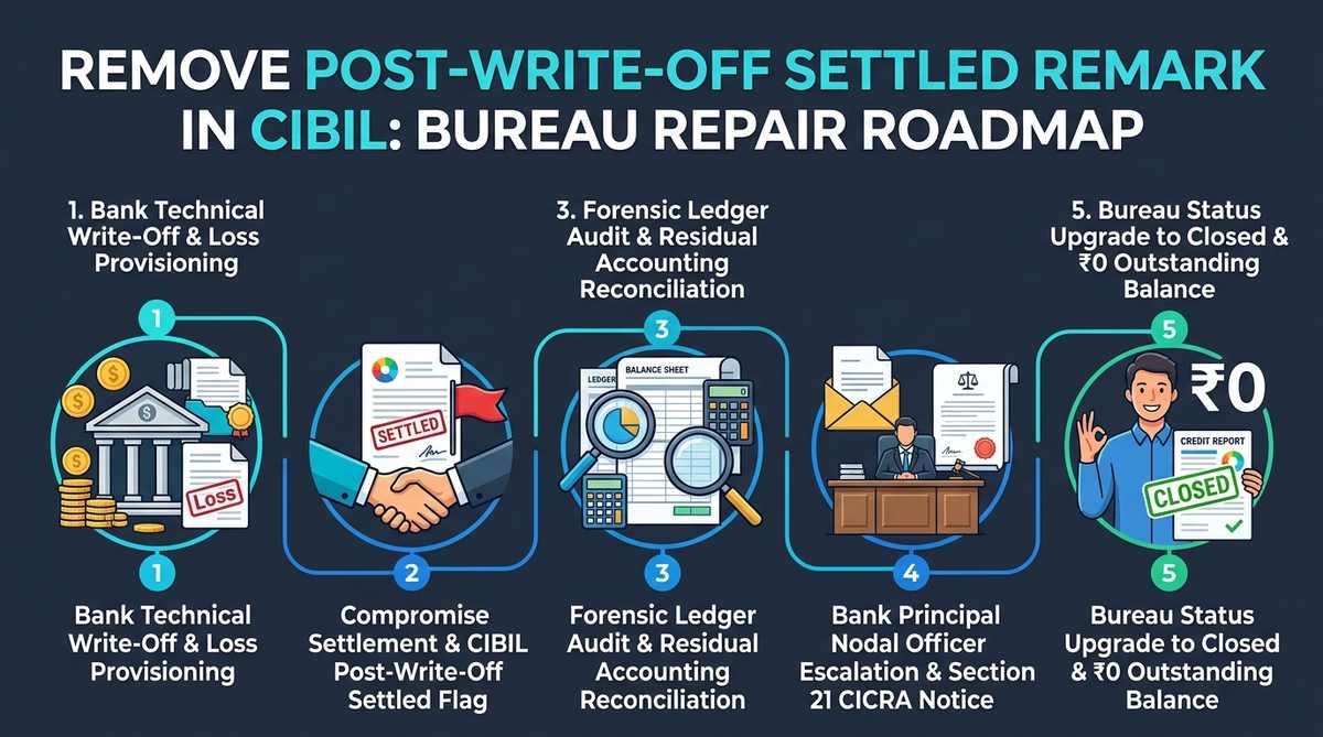 Remove Post-Write-Off Settled Remark in CIBIL Bureau Repair Roadmap Infographic