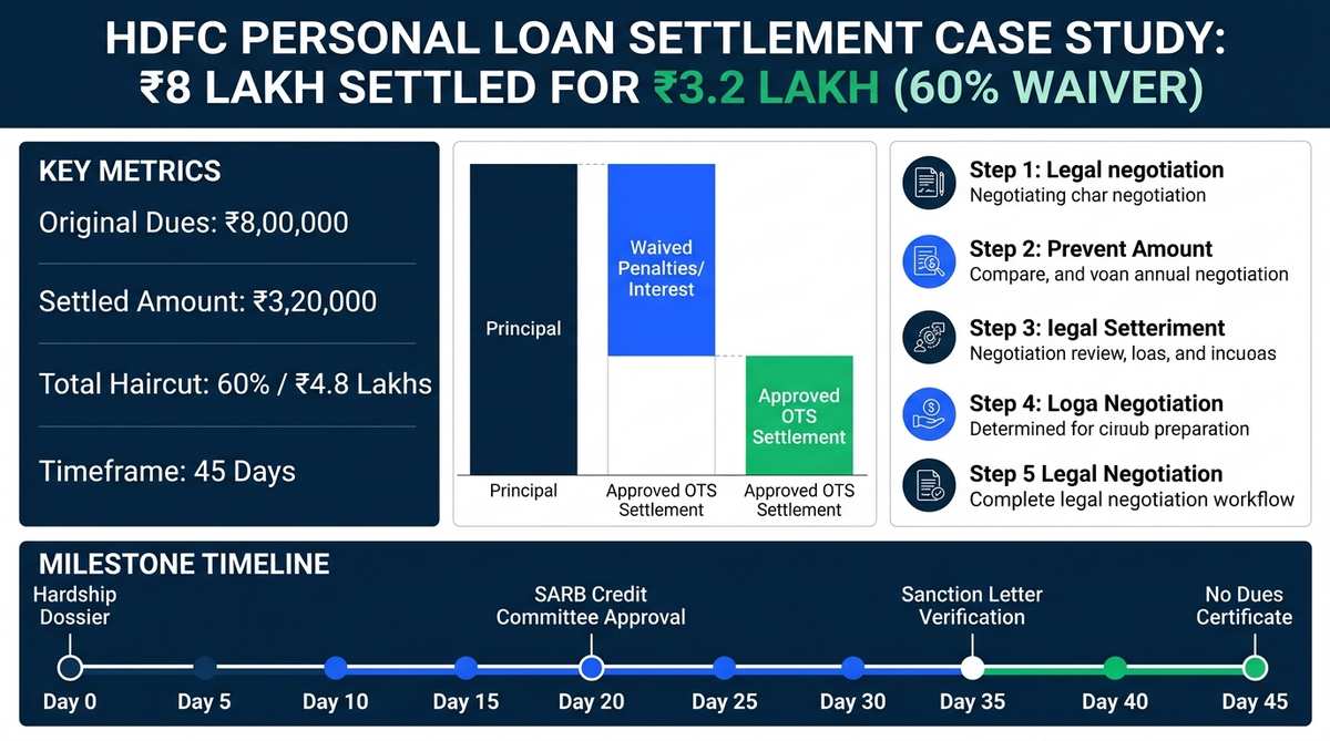 HDFC Personal Loan Settlement Case Study ₹8L to ₹3.2L Infographic