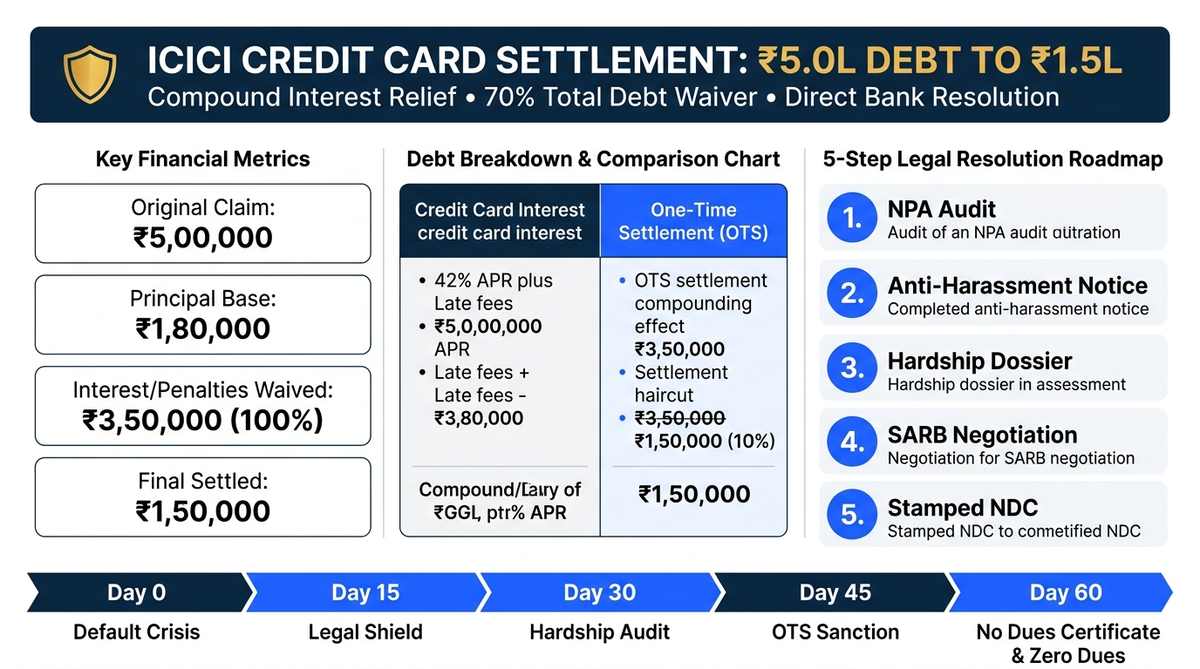 ICICI Credit Card Settlement Case Study ₹5L to ₹1.5L Infographic