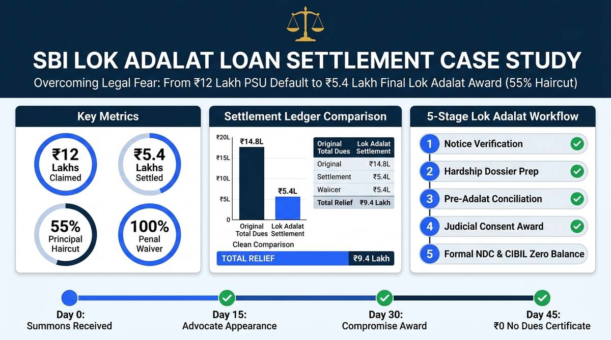 SBI Lok Adalat Loan Settlement Case Study ₹12L to ₹5.4L Infographic