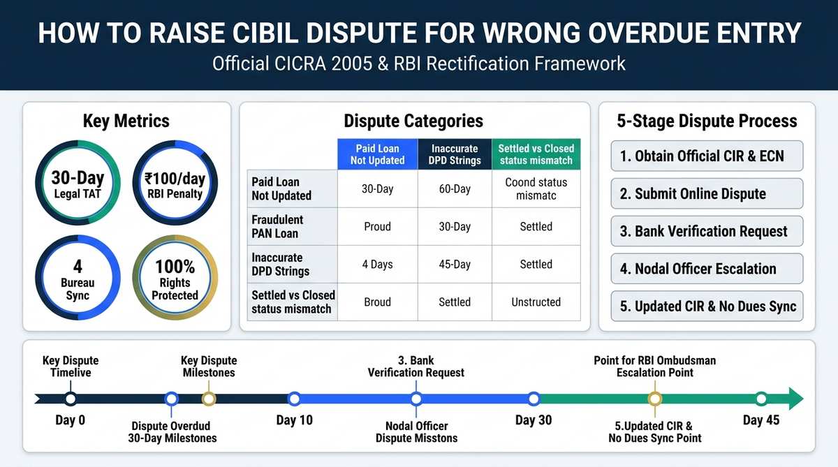 How to Raise CIBIL Dispute for Wrong Overdue Entry Summary Infographic
