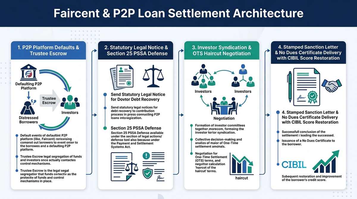 Faircent and P2P Loan Settlement Process Architecture and Legal Framework Infographic