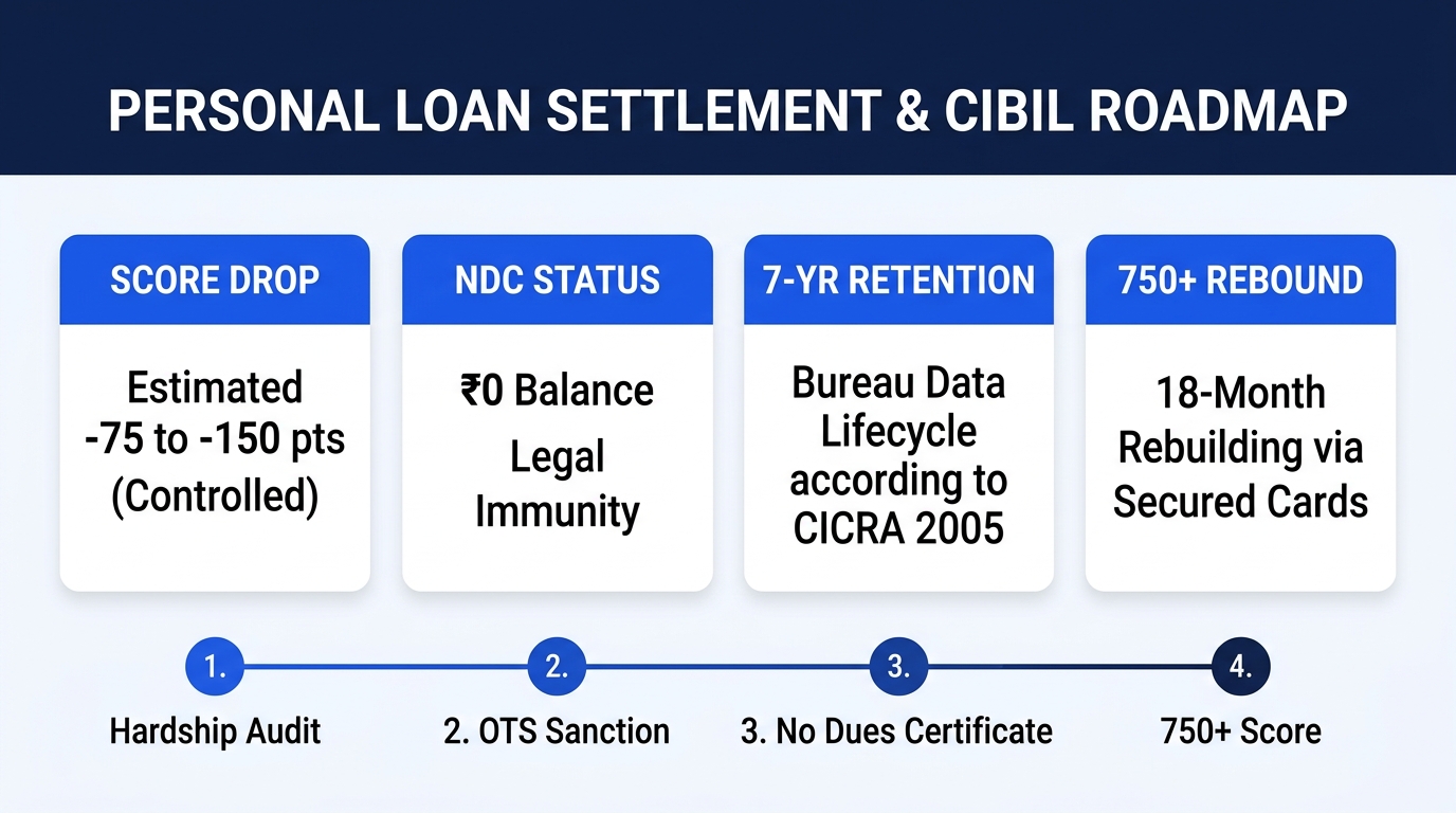 Personal Loan Settlement and CIBIL Impact Roadmap Infographic Summary