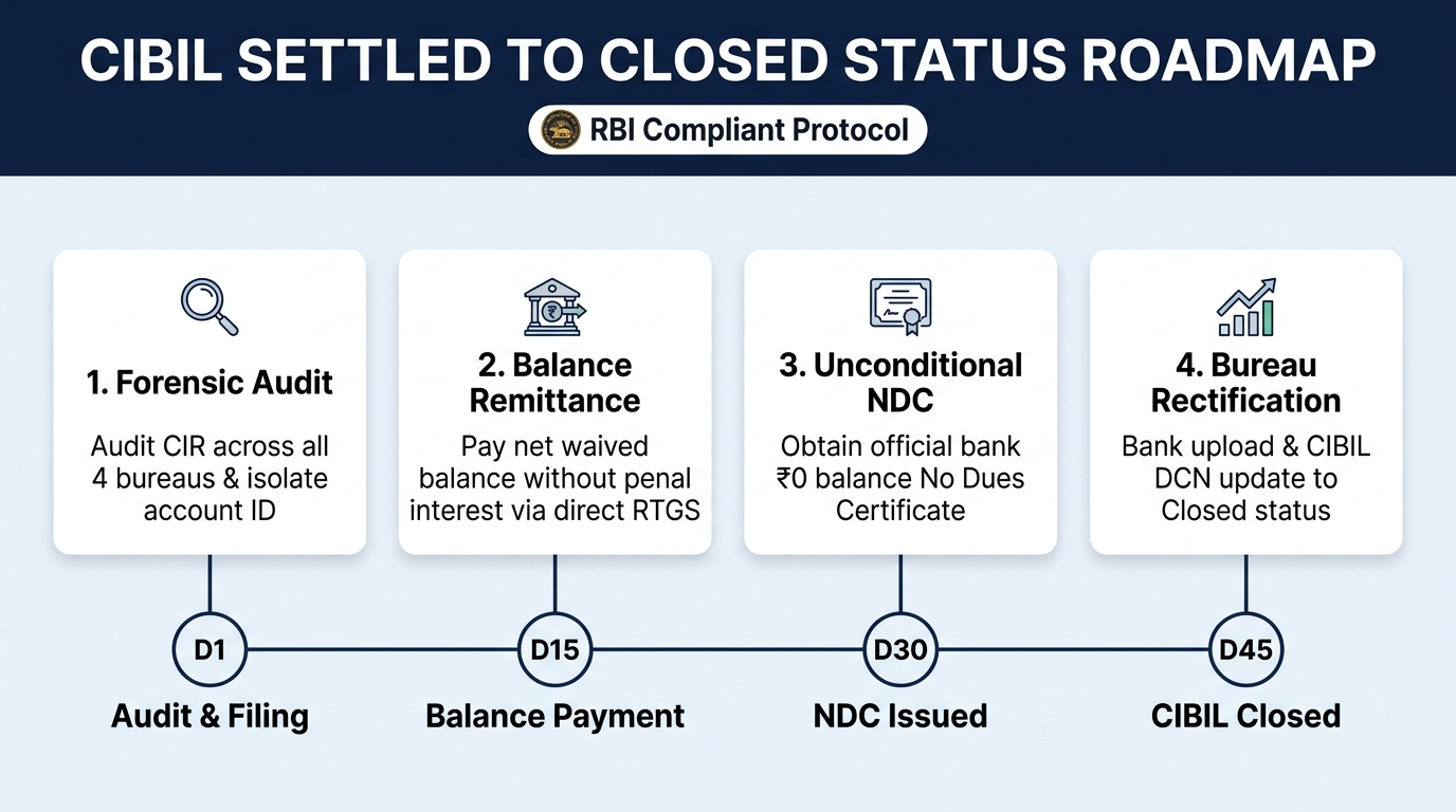 CIBIL Settled to Closed Status Upgrade Architecture and Legal Roadmap Infographic